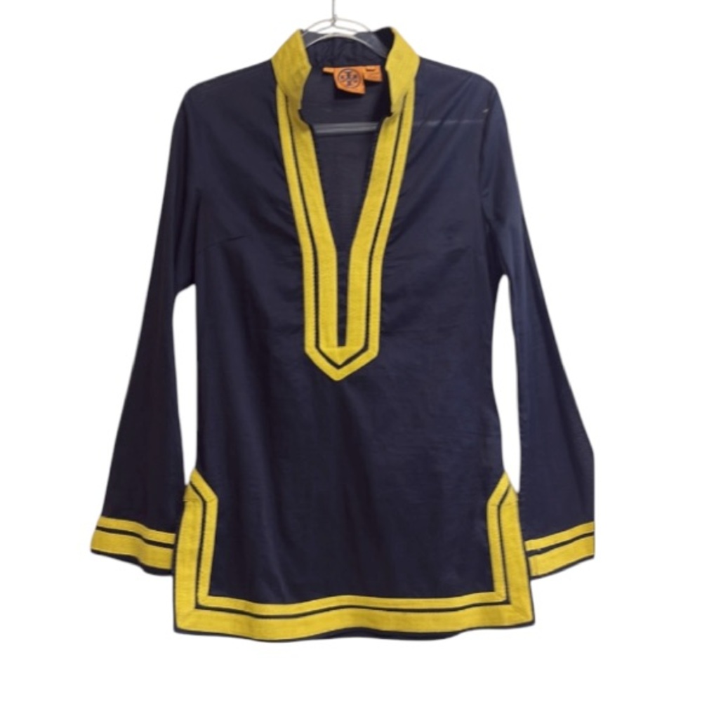 Tory Burch Navy Tunic blouse with Yellow Trim detail women’s size 8